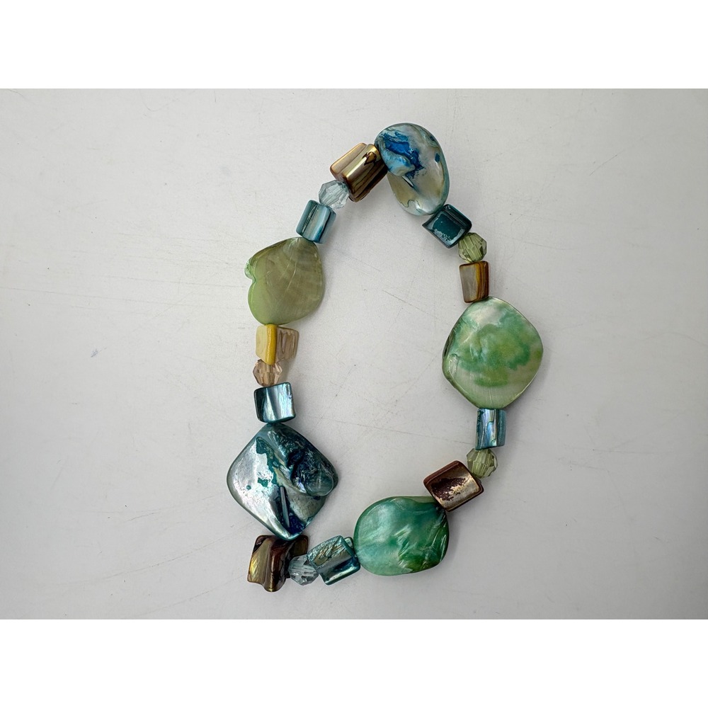 Blue Green Iridescent Shell Bead Stretch Bracelet Coastal‎ Boho